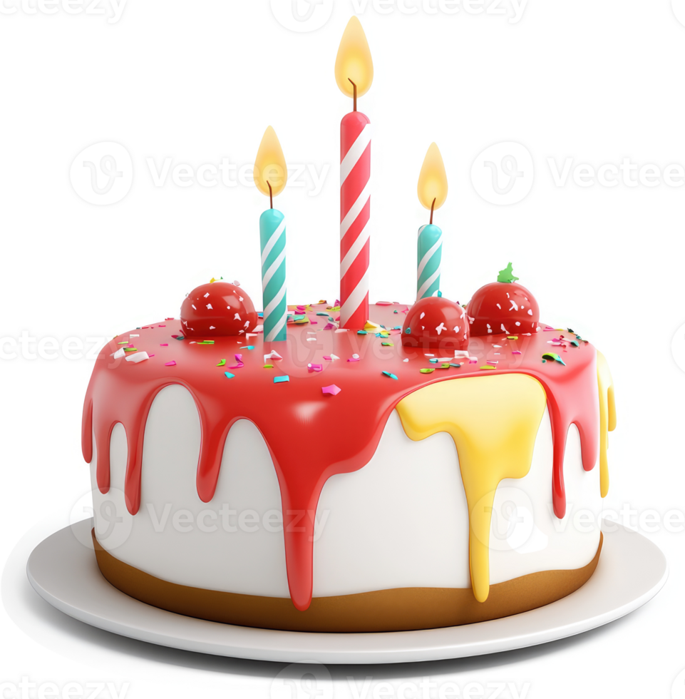 Colorful birthday cake with dripping frosting and candles. png