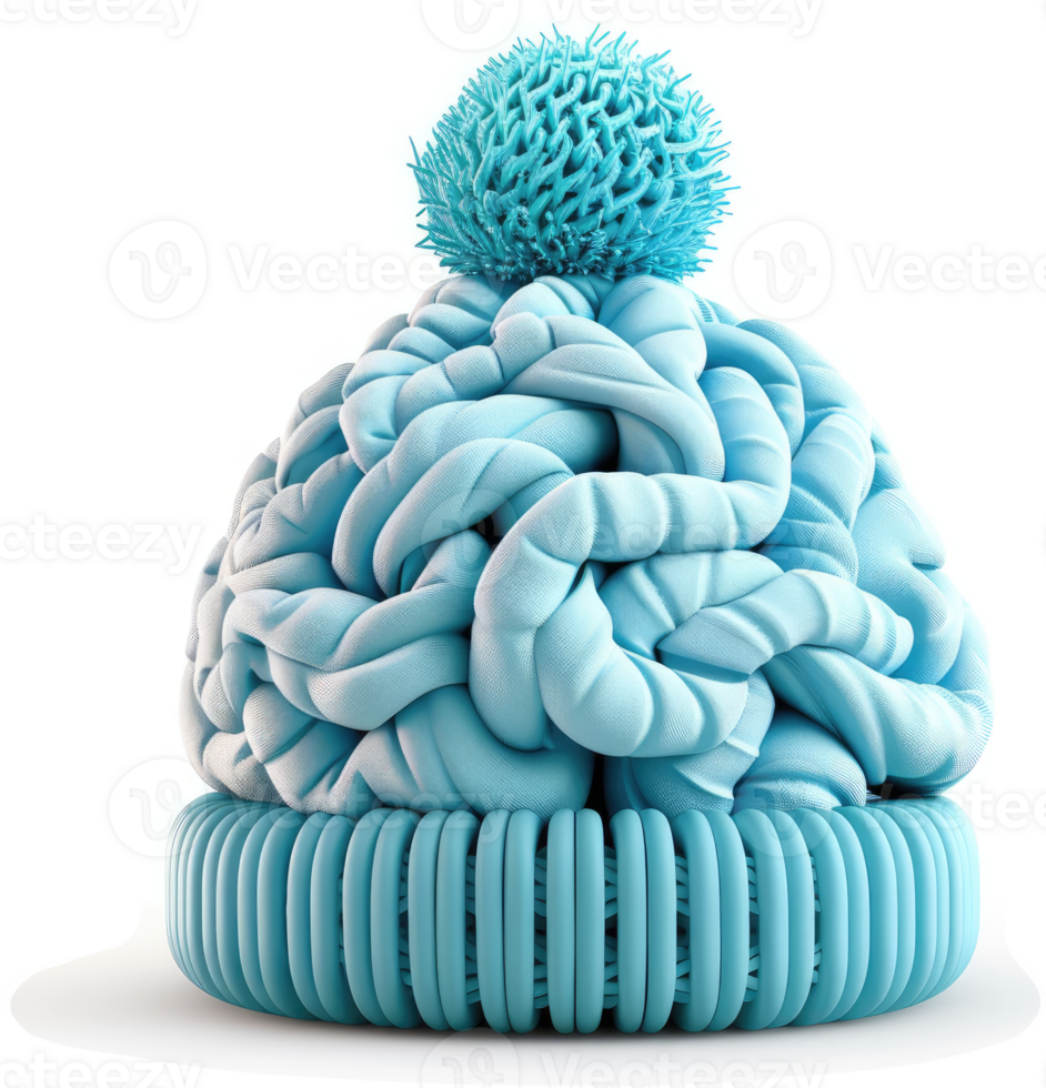 Light blue knitted winter hat resembling a brain. png