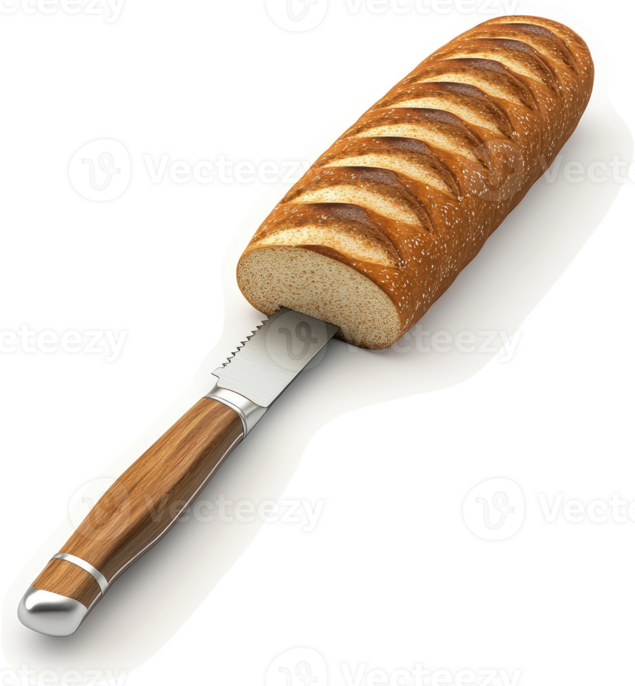 A loaf of sliced bread with a butter knife. png