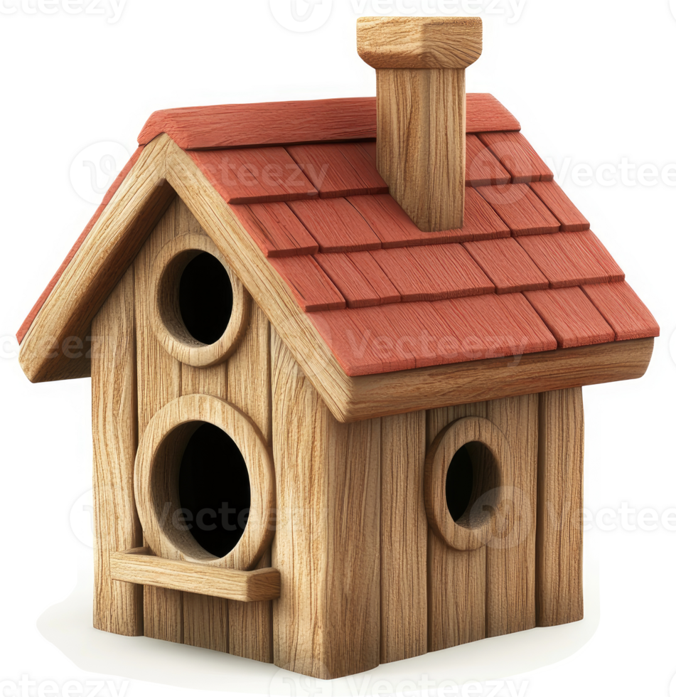 Charming wooden birdhouse with a red roof. png
