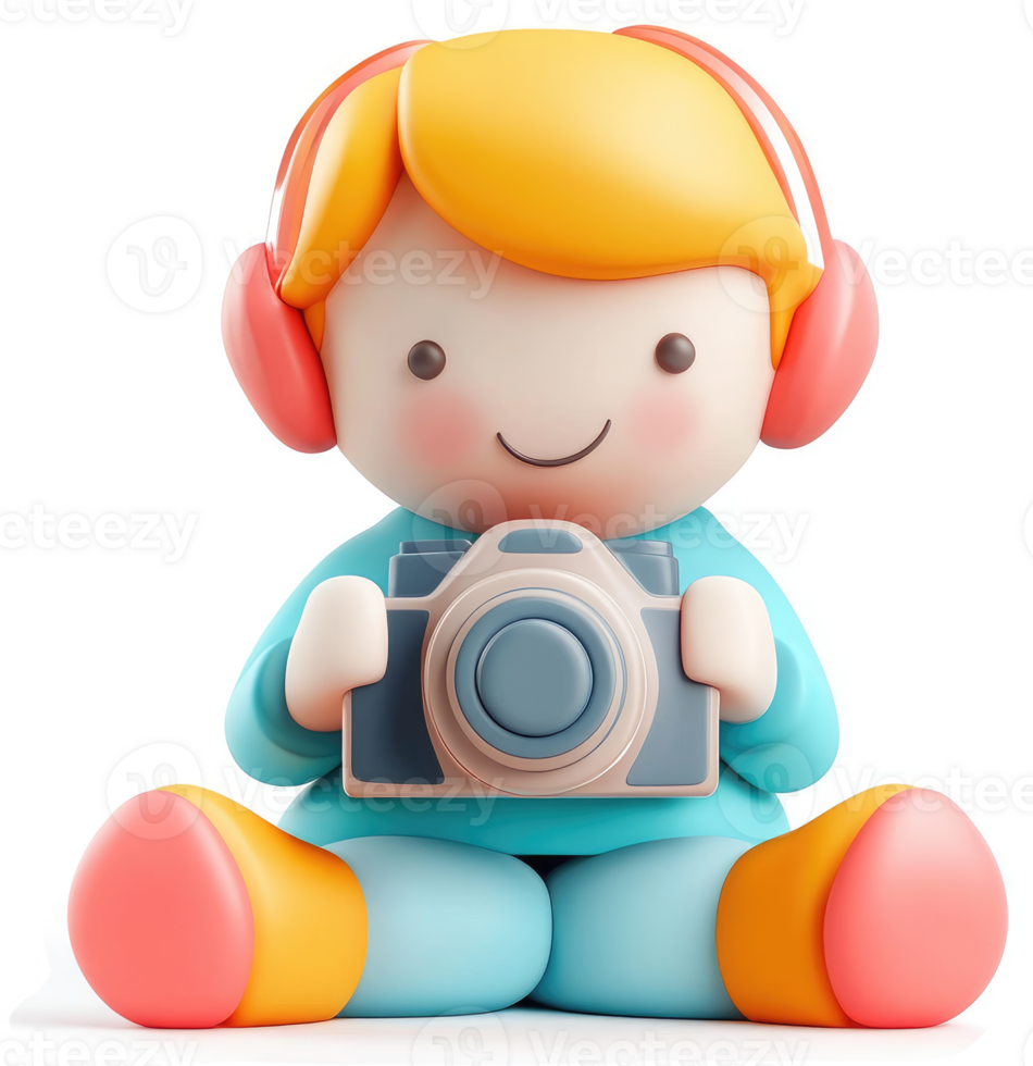 Playful cartoon boy character holding a camera. png
