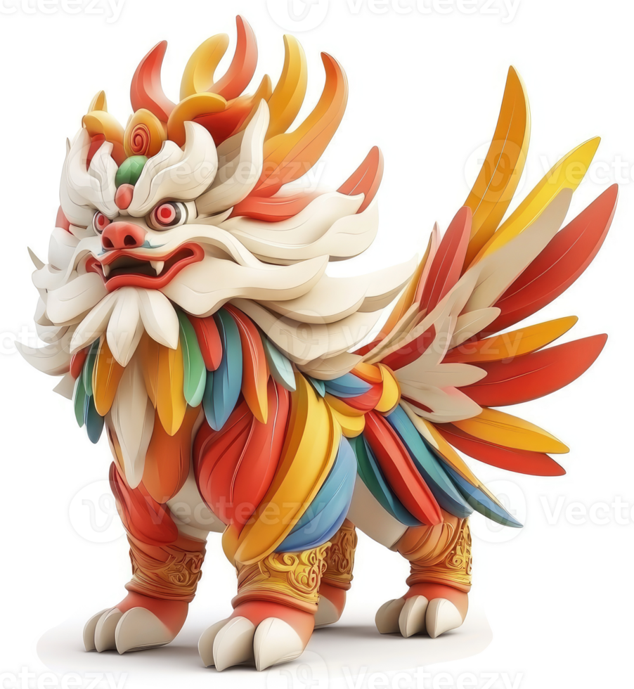 Colorful mythical beast with vibrant plumage and regal adornments. png