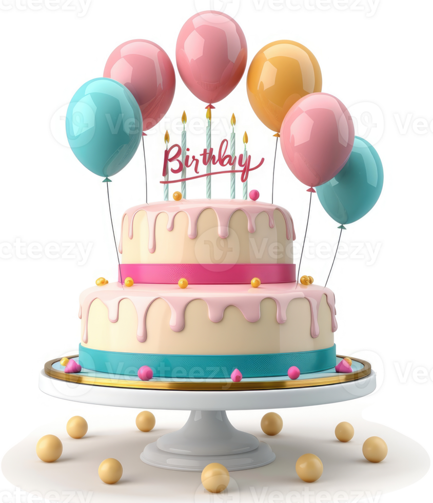 Festive two-tiered birthday cake with balloons and candles. png