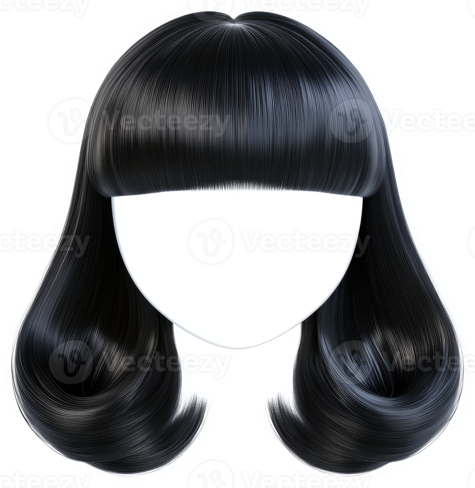 Glossy, black bob hairstyle with a thick fringe. png