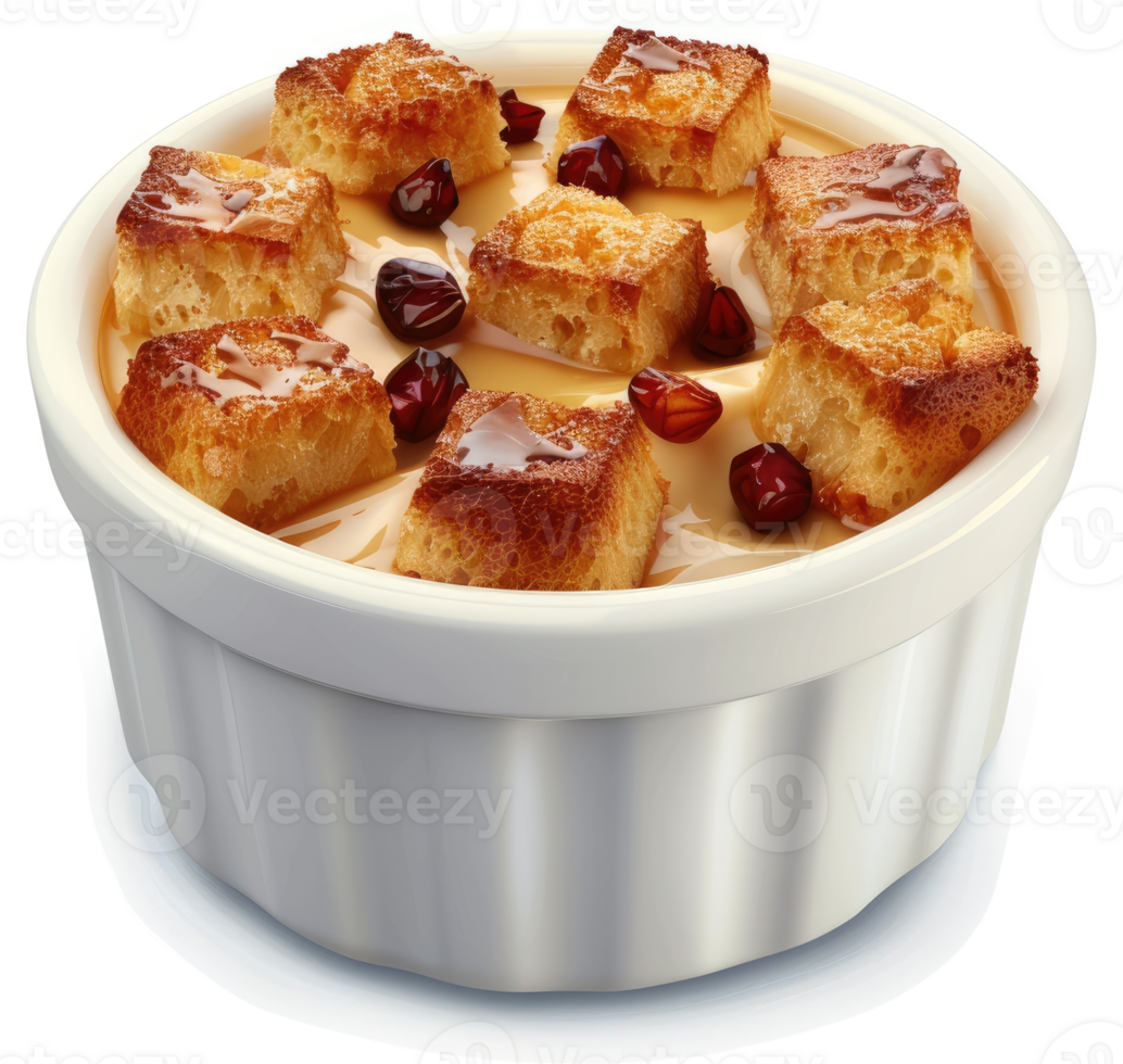 Creamy, golden baked custard topped with crispy bread cubes. png
