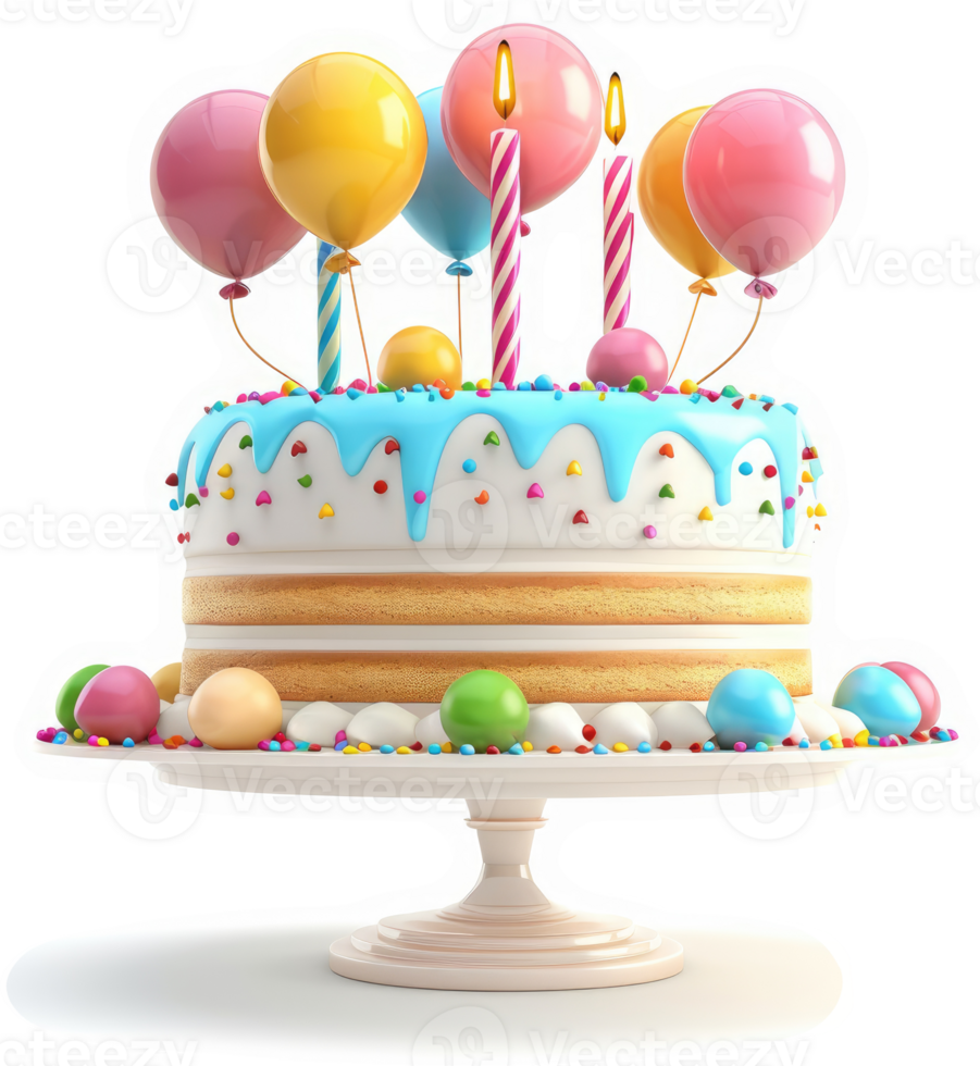 Colorful birthday cake with balloons and candles. png