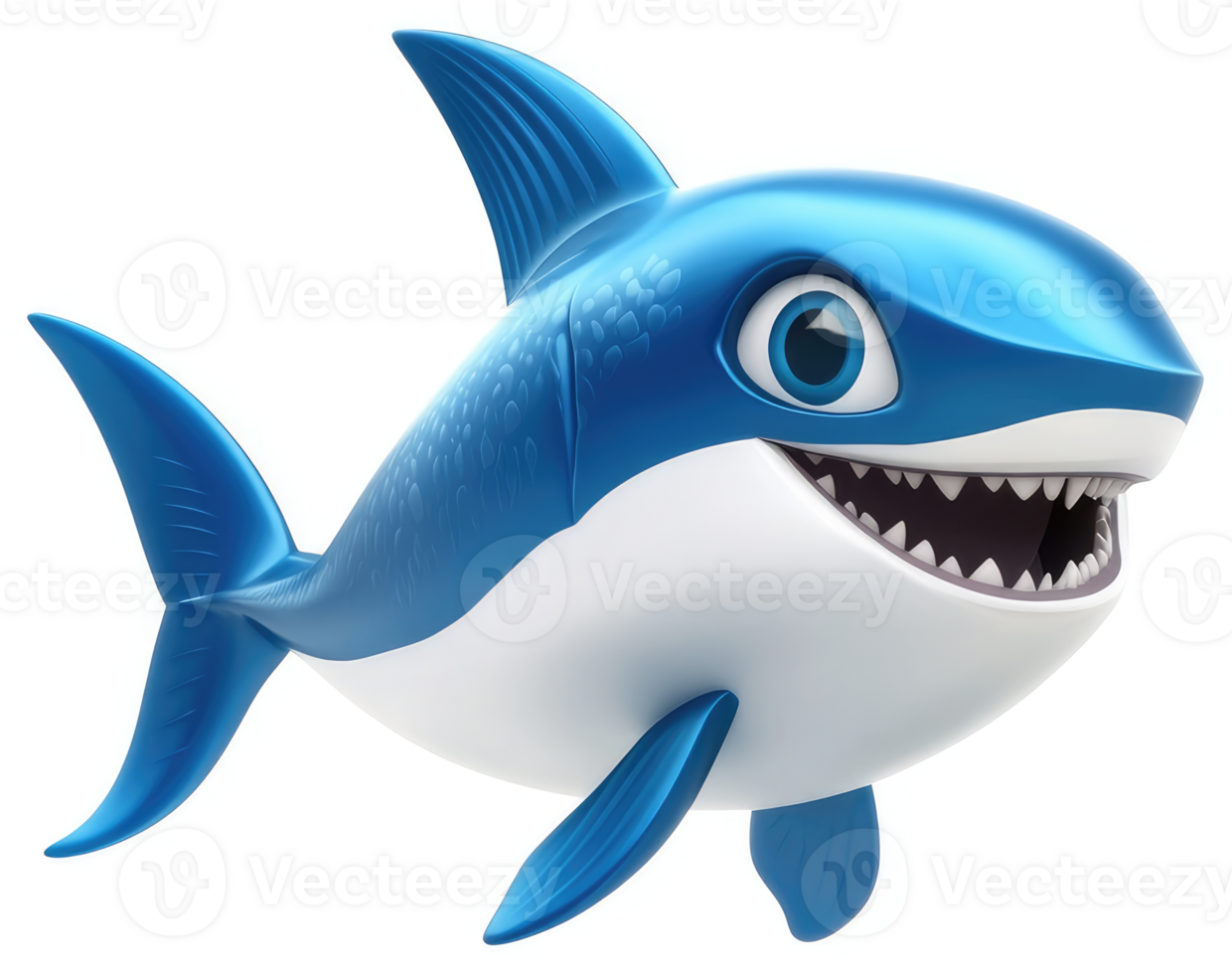Smiling cartoon shark with bright blue scales. png