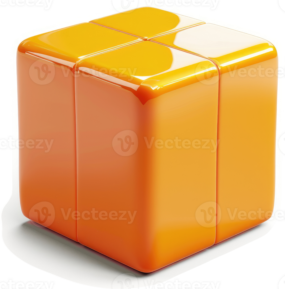 Bright, glossy orange cube with mirrored surfaces. png