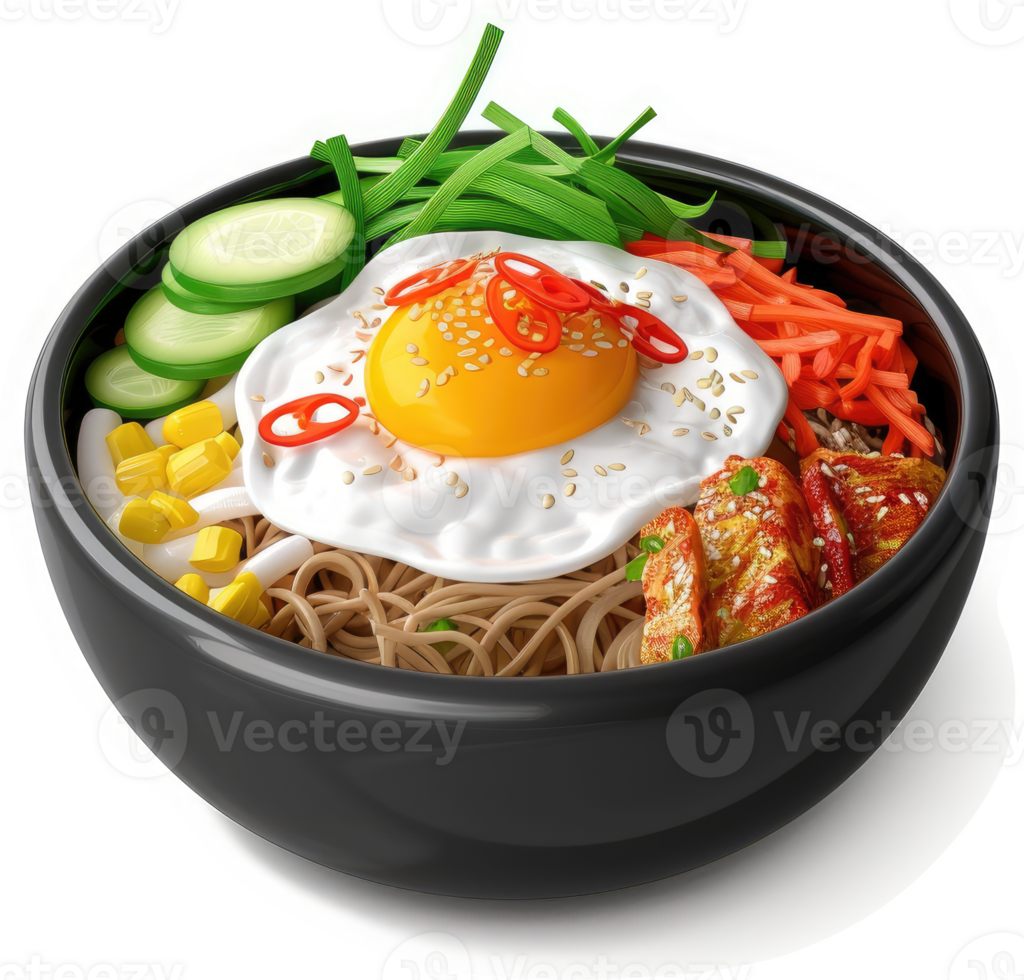 Vibrant Korean Bibimbap Bowl with Fried Egg and Vegetables. png