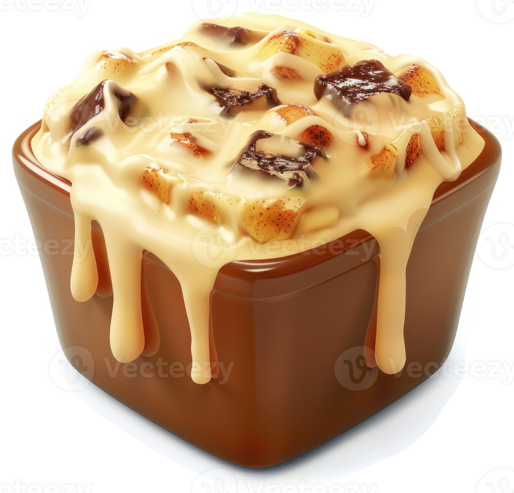 Creamy, decadent chocolate and caramel dessert in a small dish. png