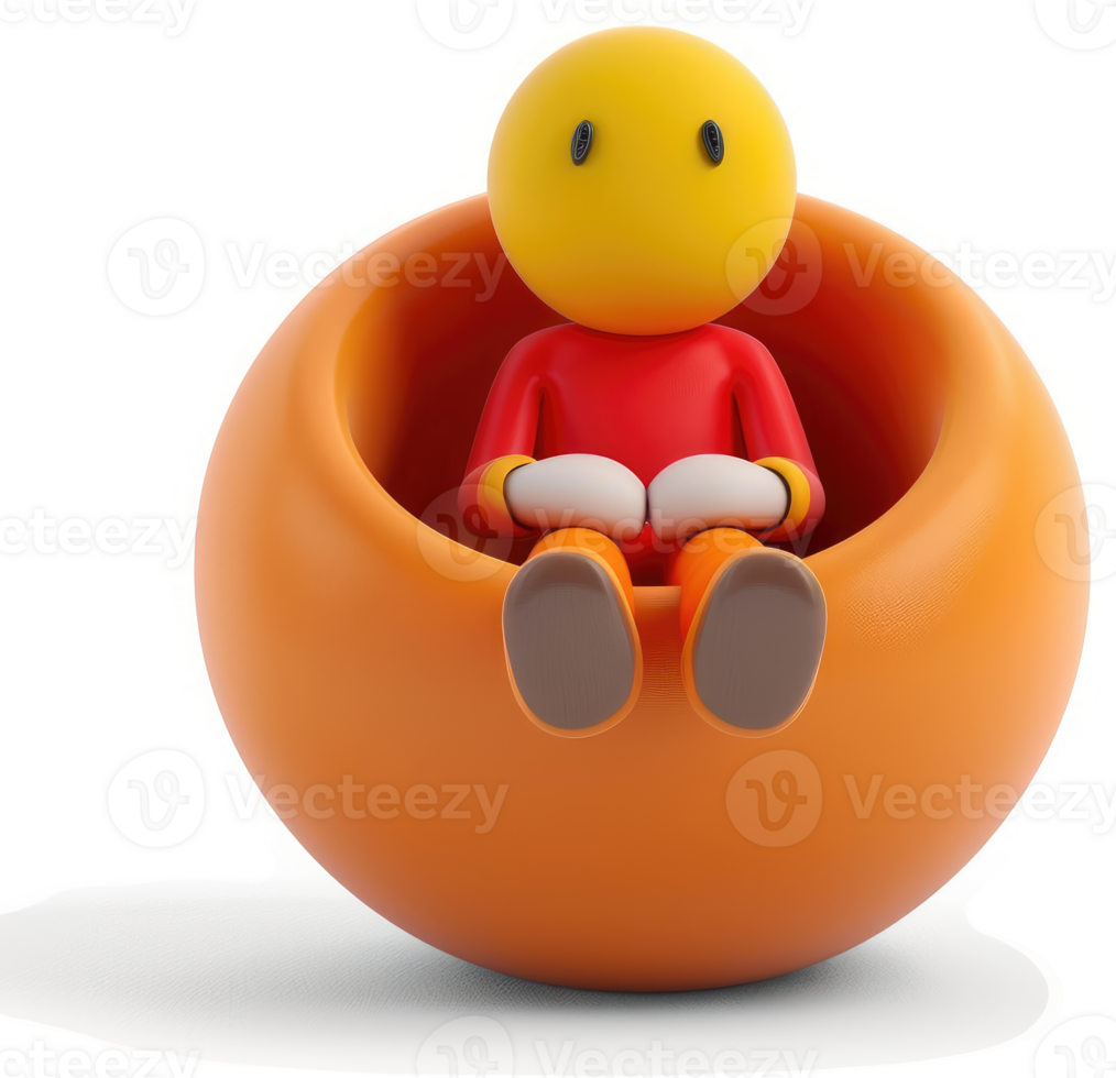 Smiling figure relaxes in a comfy orange chair while reading. png