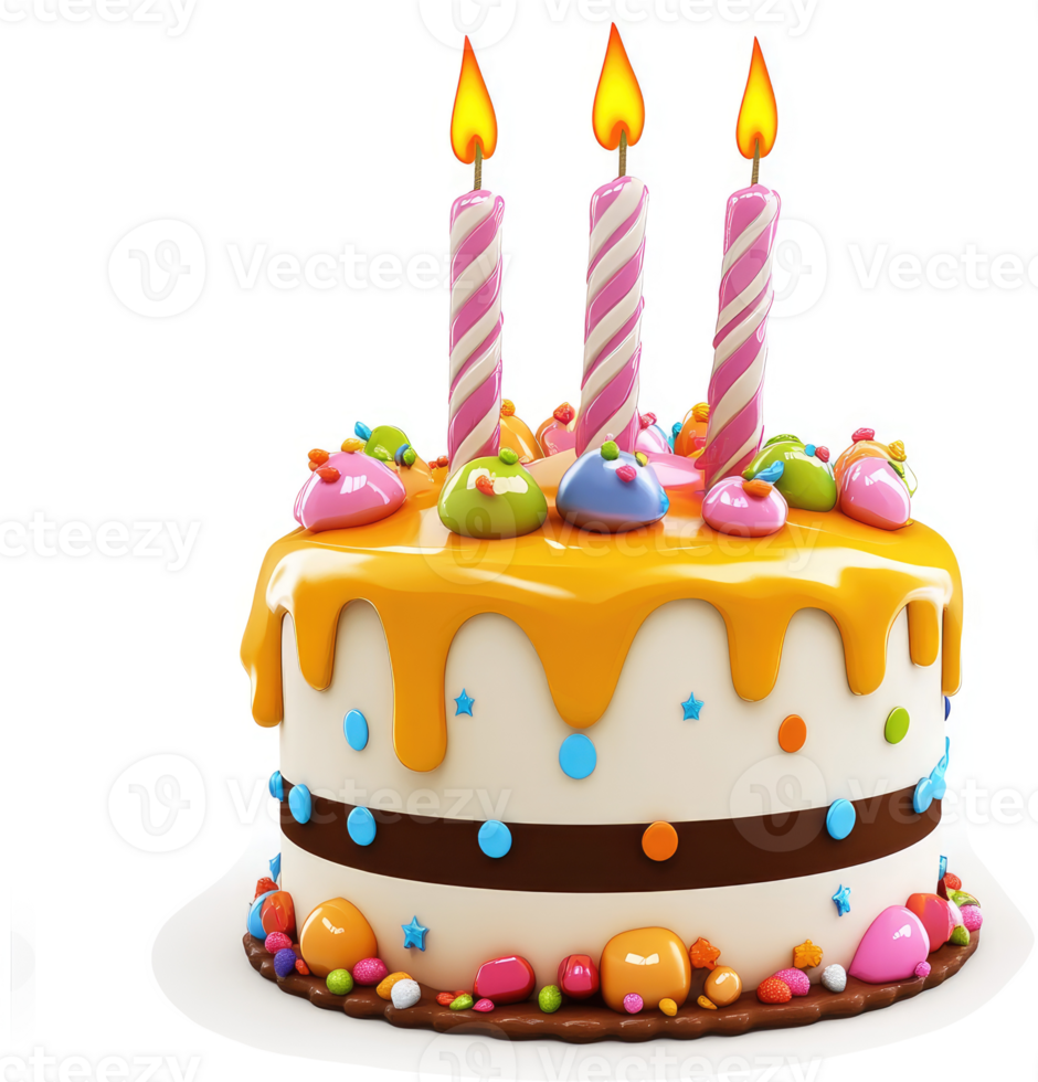 Vibrant birthday cake with three candles. png