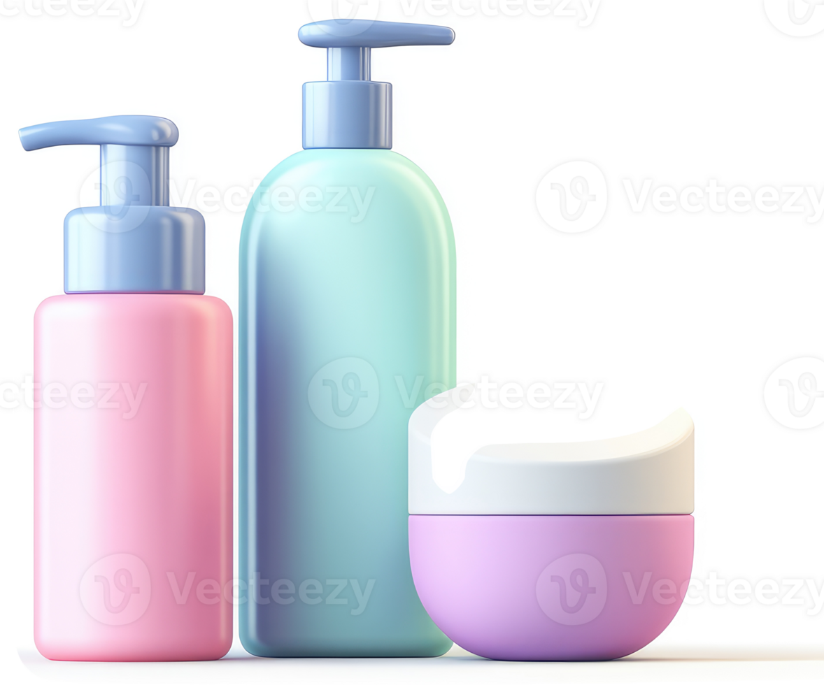 Three cosmetic bottles with different shades of pastel colors. png