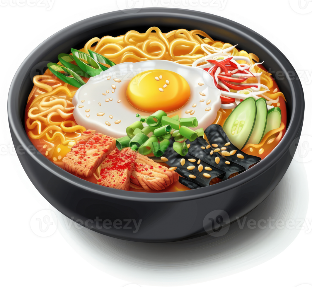 Flavorful ramen bowl with various toppings. png