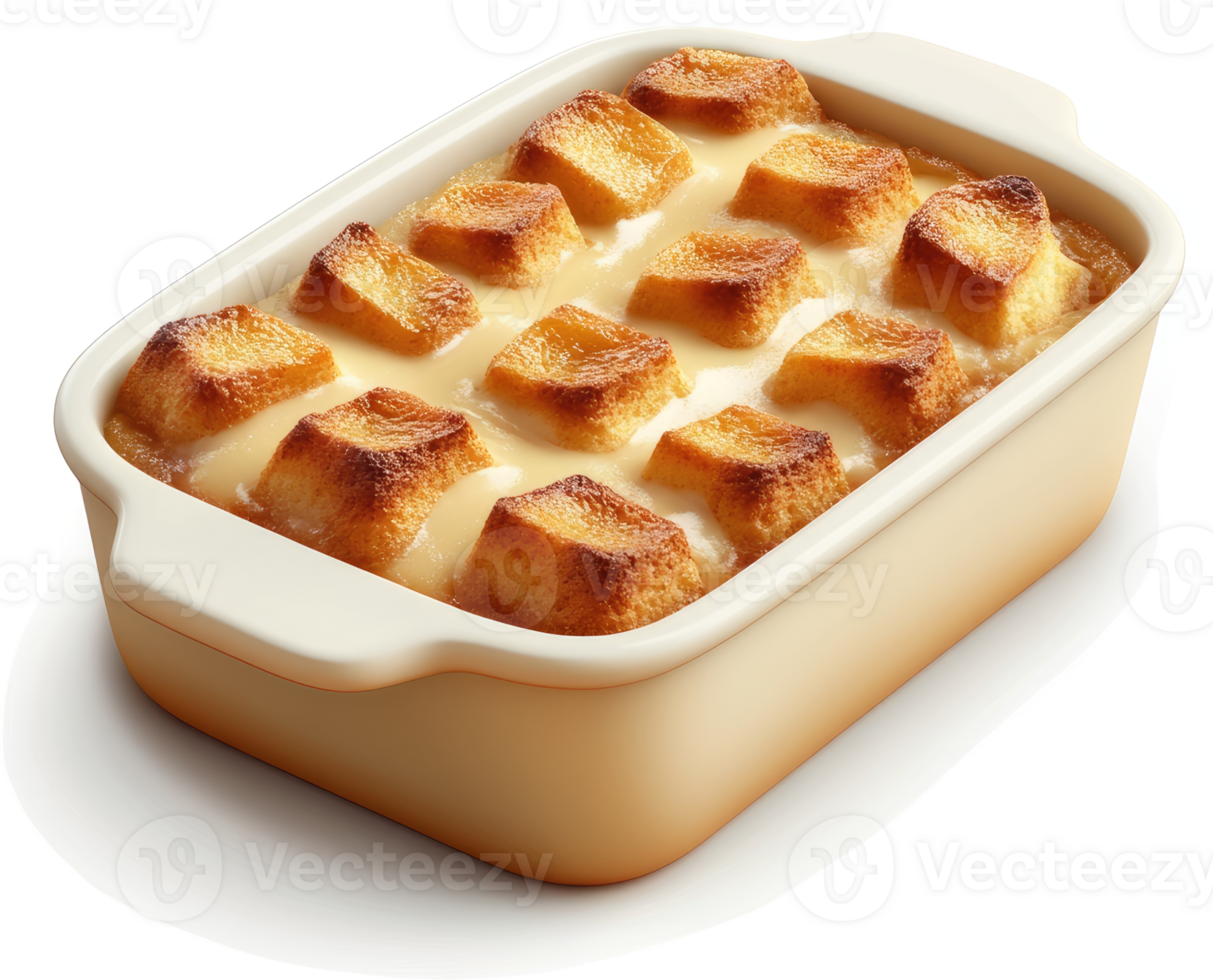 Golden, buttery bread pudding in a baking dish. png