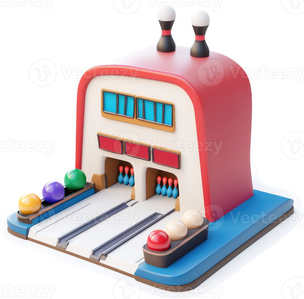 Cartoonish bowling alley structure with bowling pins and balls. png