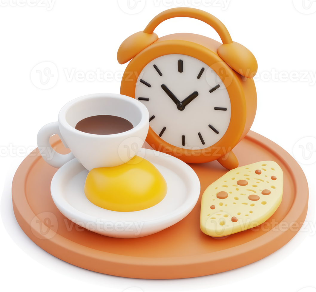 Morning breakfast scene with alarm clock. png