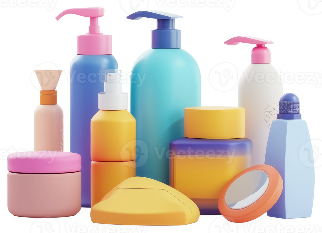 Colorful cosmetic bottles and jars arranged in a group. png