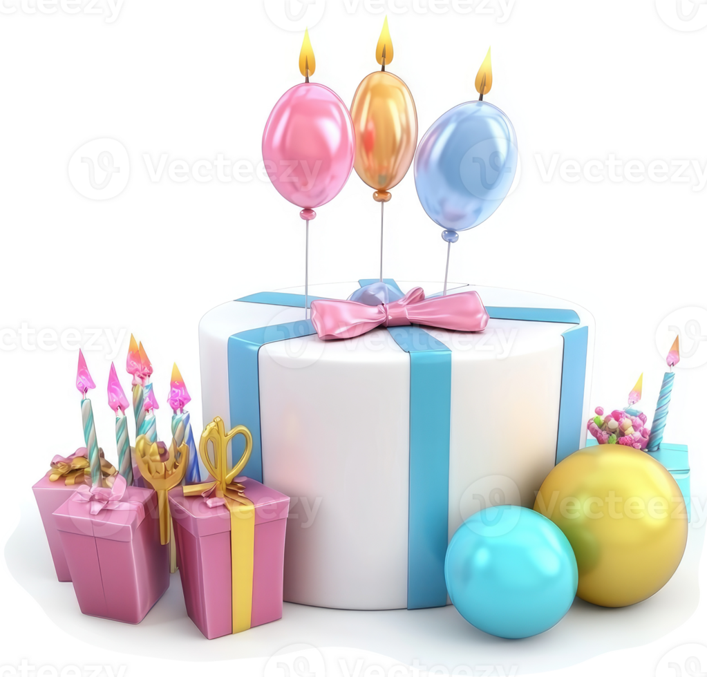 Festive birthday cake decorated with balloons, candles, and gifts. png