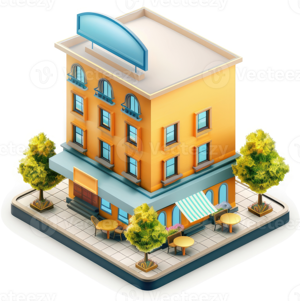 A three-story building with a restaurant and outdoor seating. png