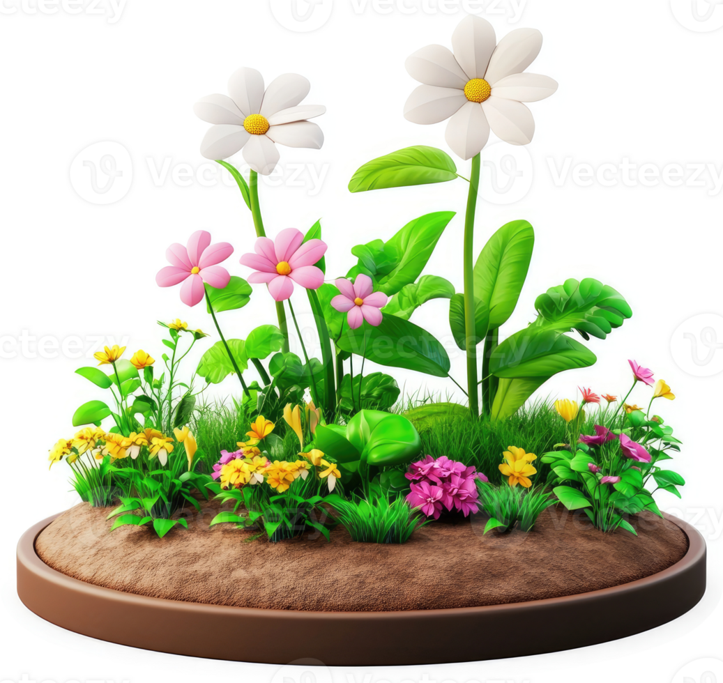 Vibrant flower garden display on a round platform. png