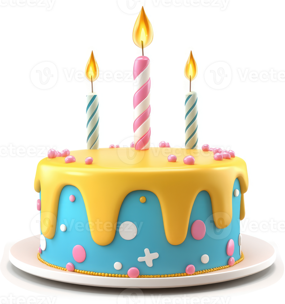Colorful birthday cake with three lit candles. png