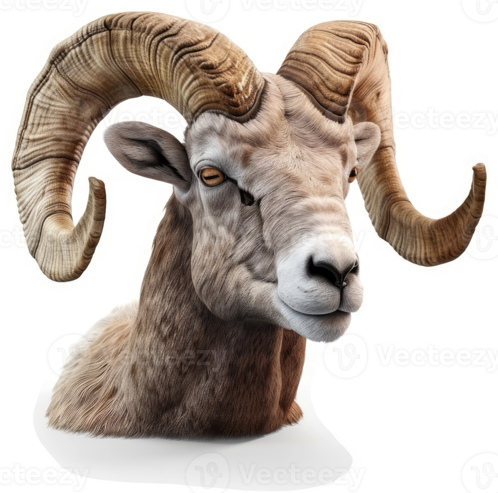 Close-up of a bighorn sheep's head. png