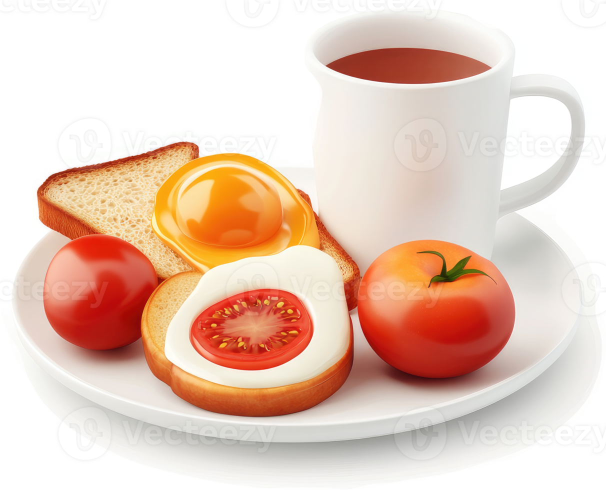 A breakfast platter featuring toast, eggs, and tomatoes. png