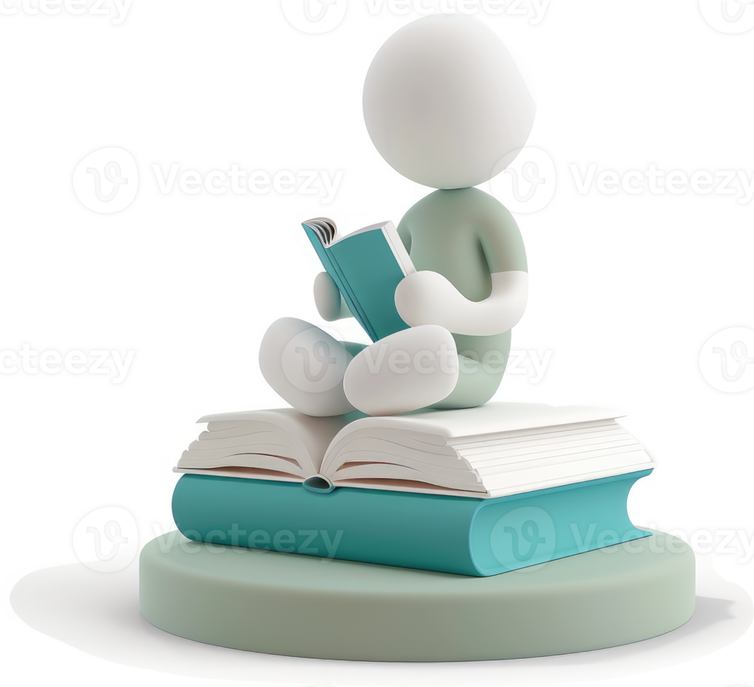 3D figurine of a person seated on stacked books reading. png