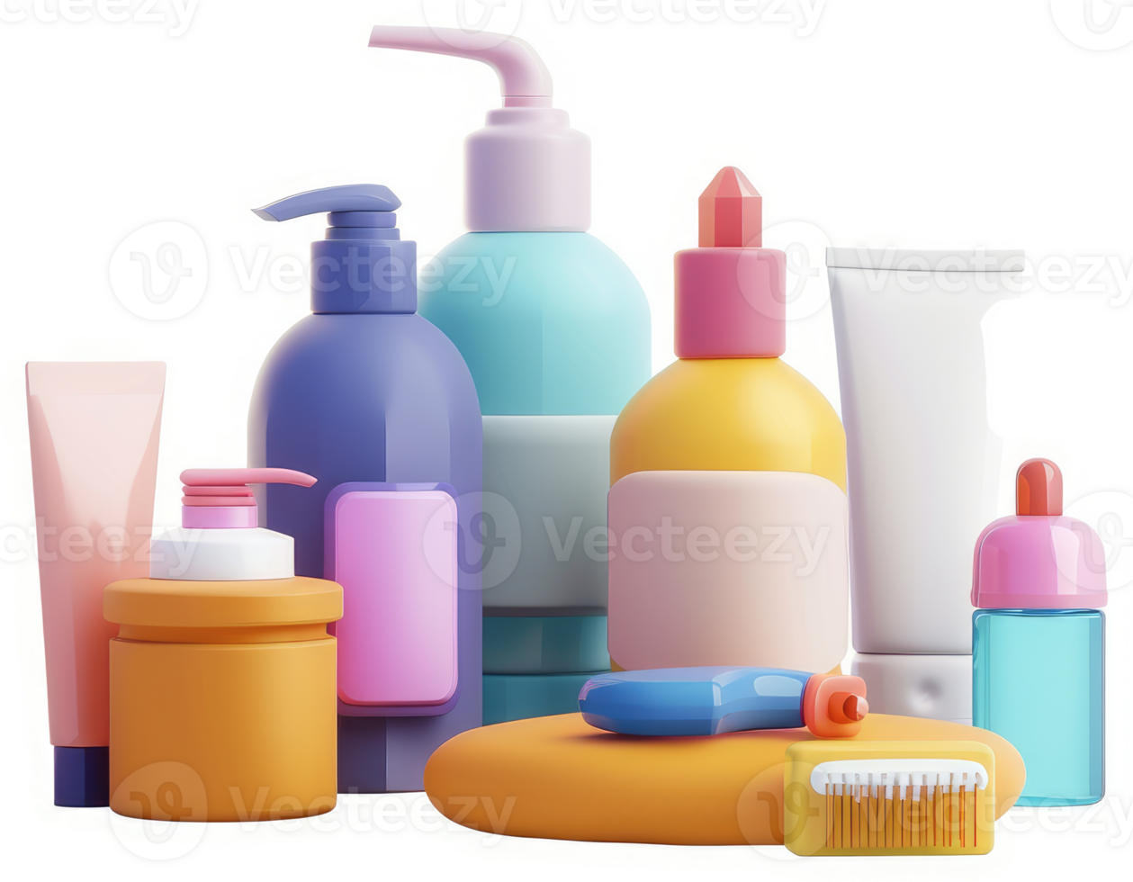Colorful assortment of personal care products displayed in a group. png