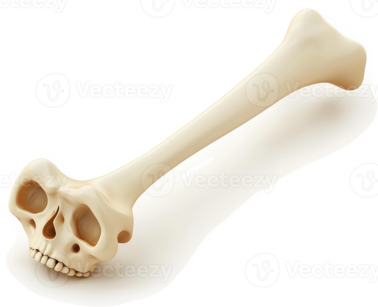 A long bone extends from a human skull. png