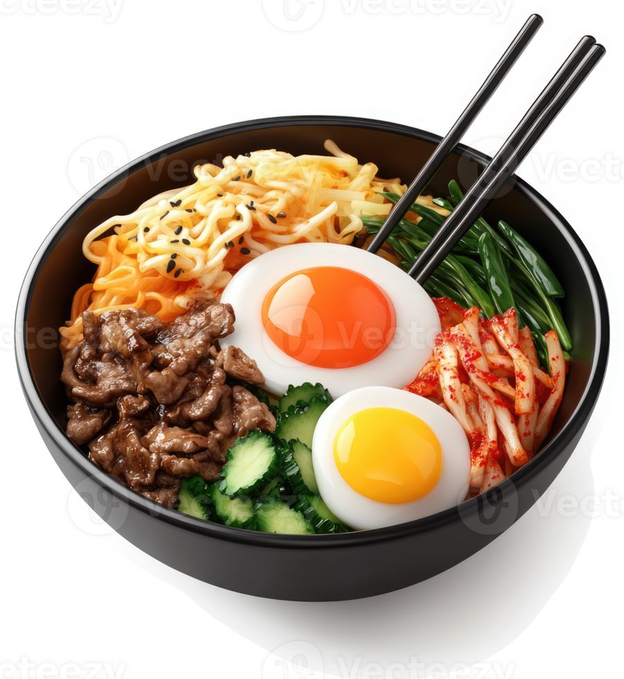 Vibrant Korean Bibimbap bowl featuring seasoned beef, vibrant kimchi, and sunny-side-up eggs. png
