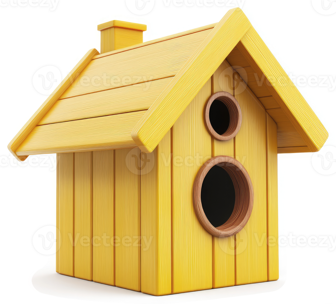 A vibrant yellow wooden birdhouse, charmingly designed. png