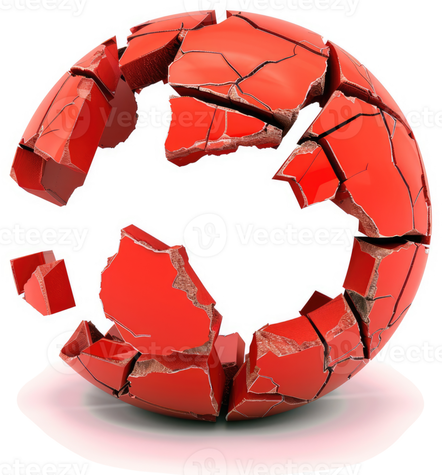 A fractured red sphere illustrates fragility and disintegration. png