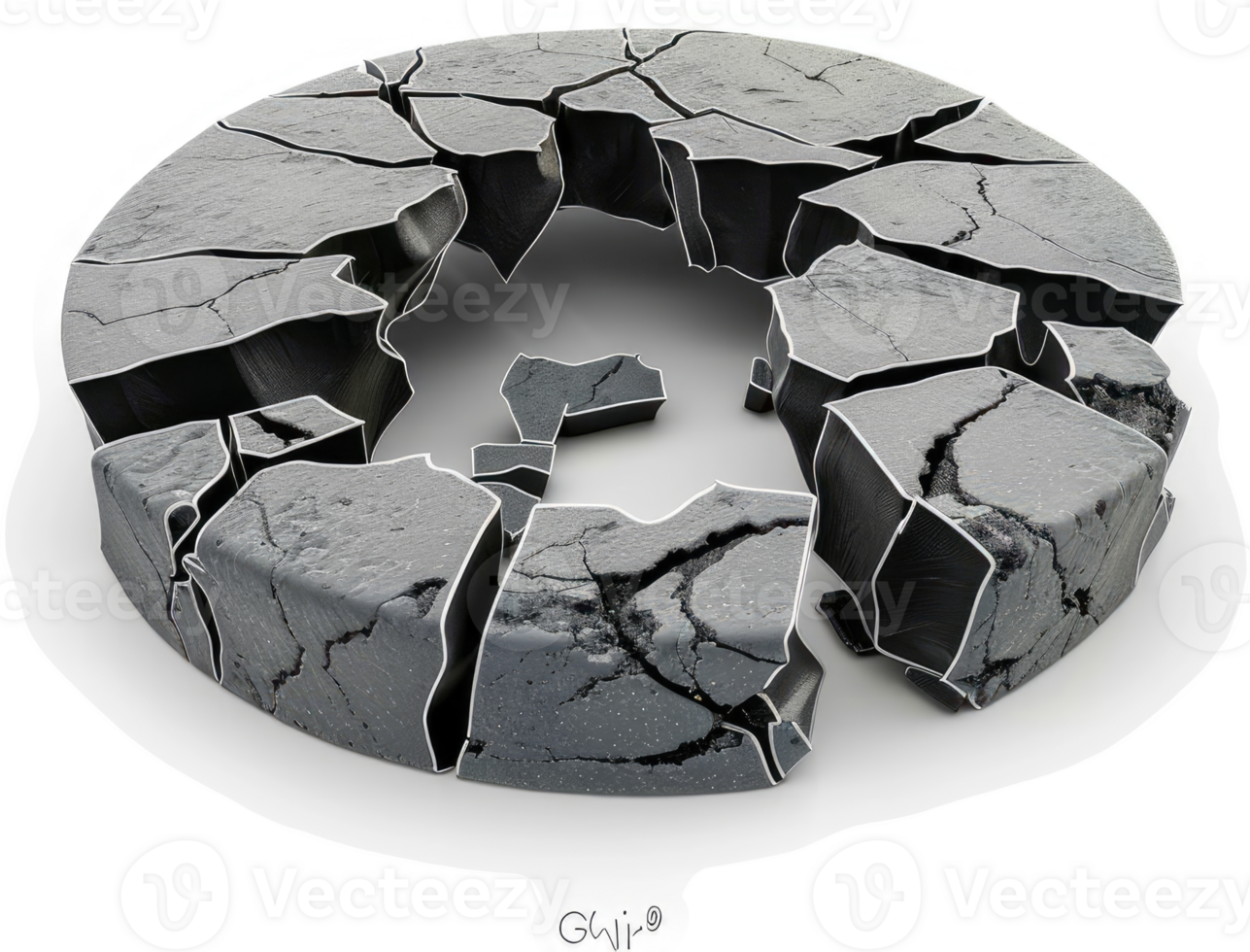 Circular stone slab fractured with deep cracks. png
