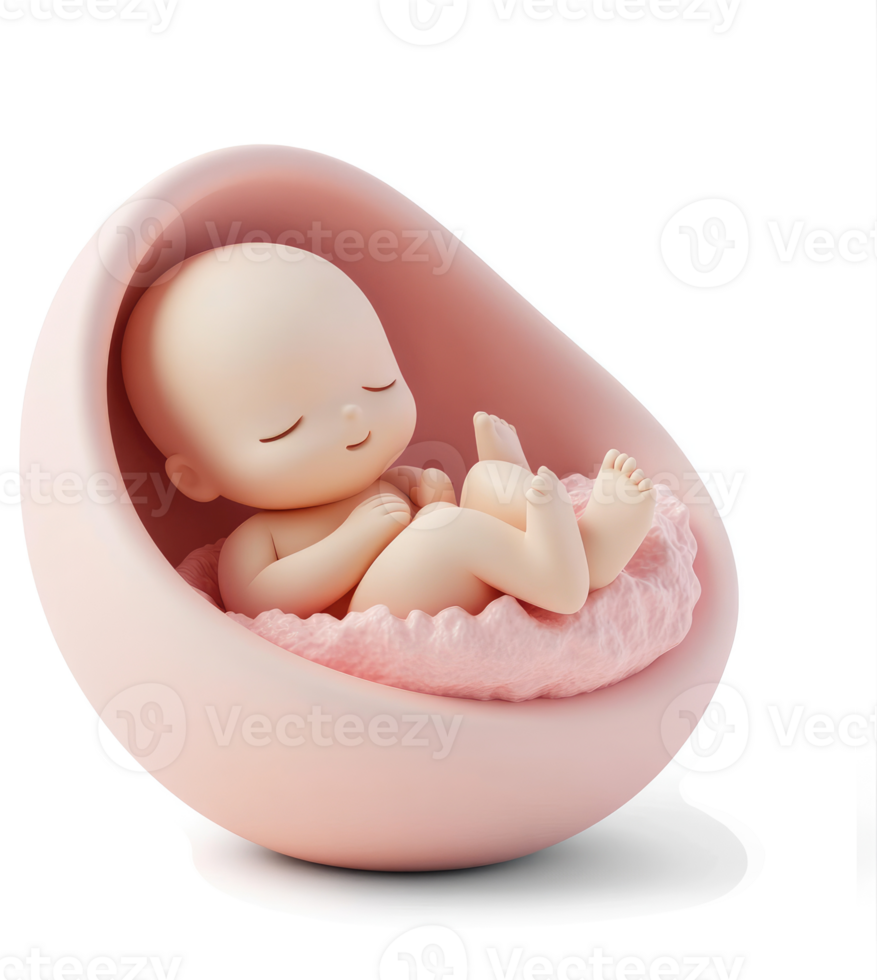 A delicate figurine of a sleeping infant in a pink cradle. png