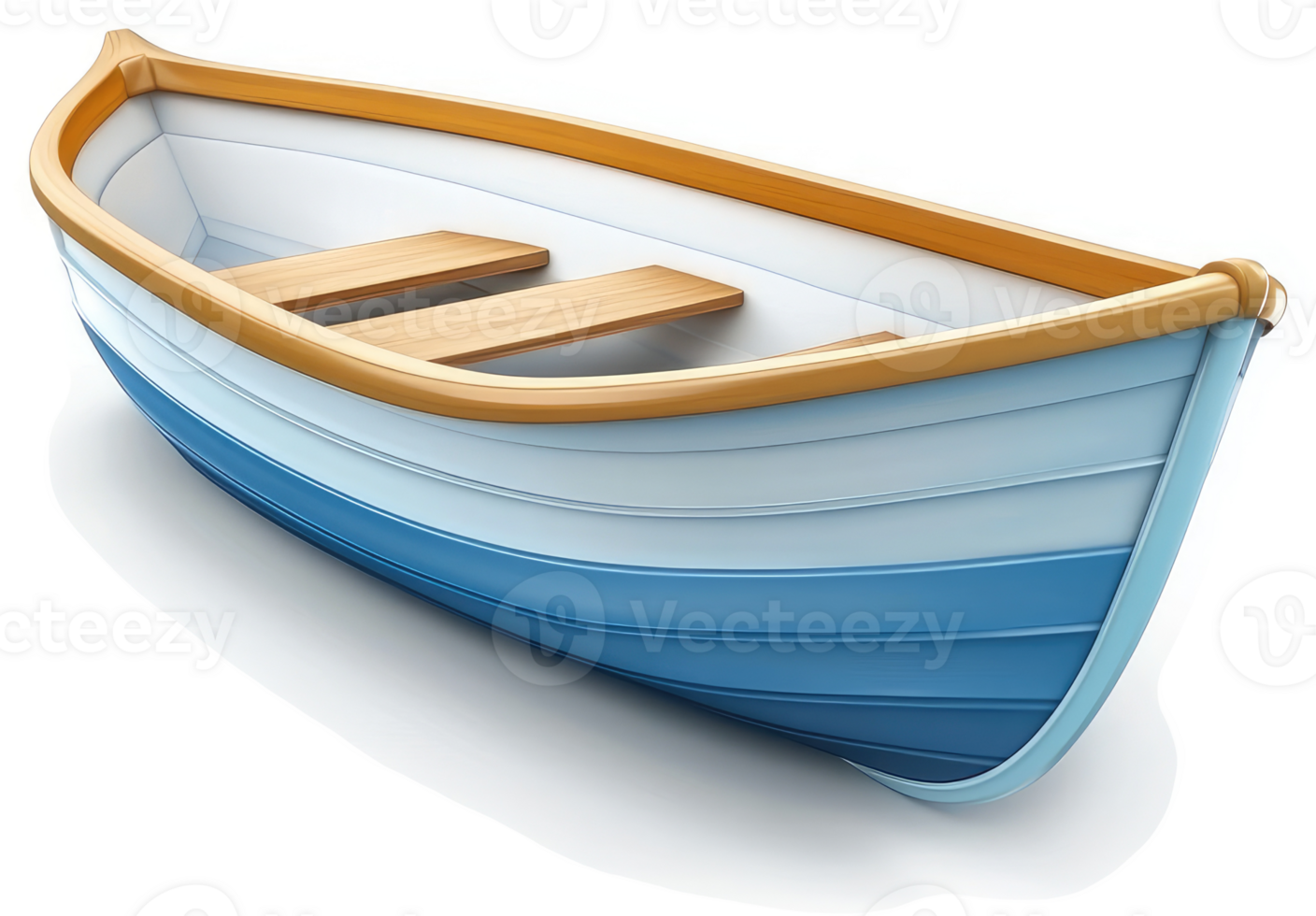 Wooden rowboat with blue and white stripes. png