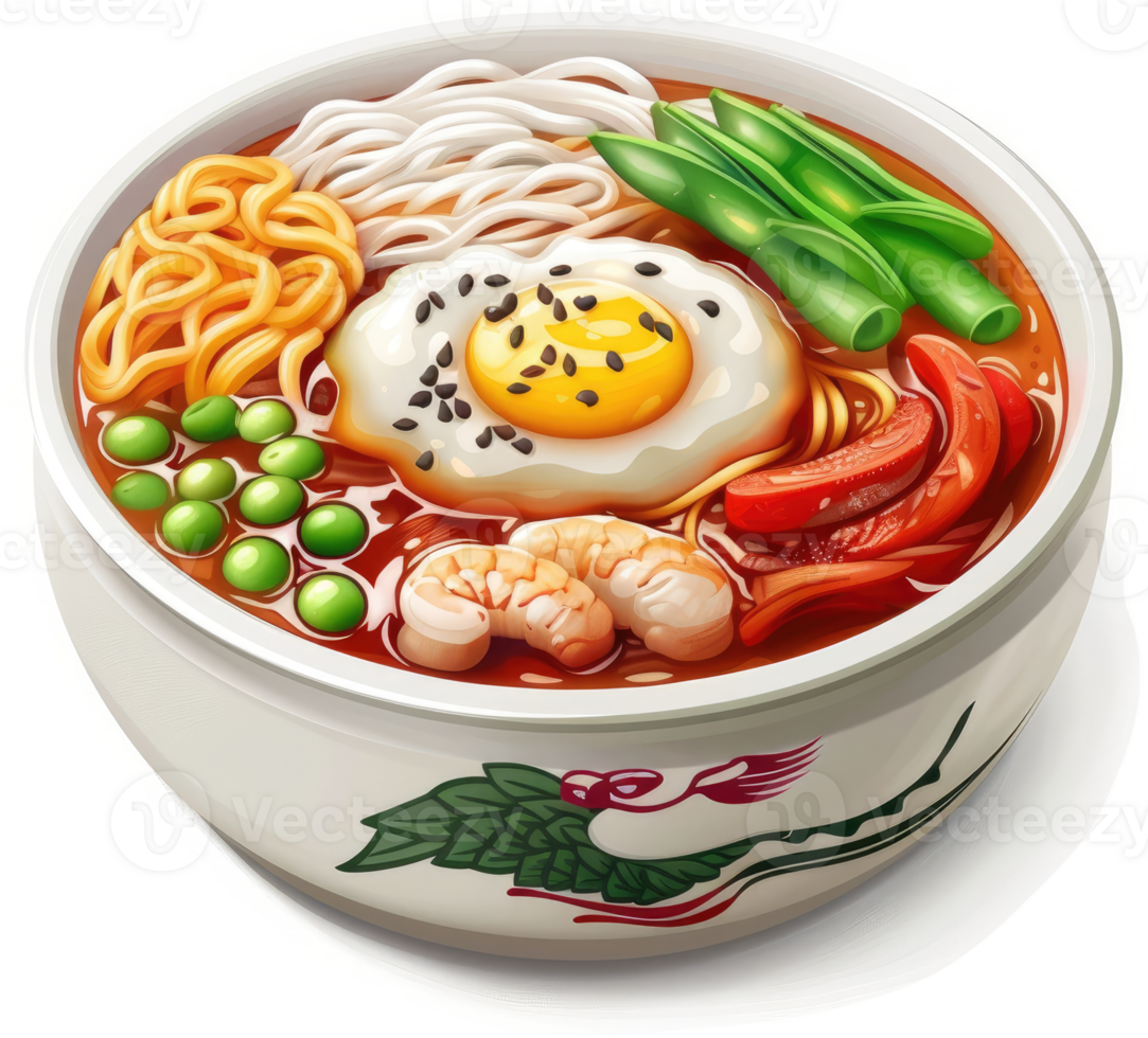 Vibrant asian noodle soup with shrimp, egg, and vegetables. png