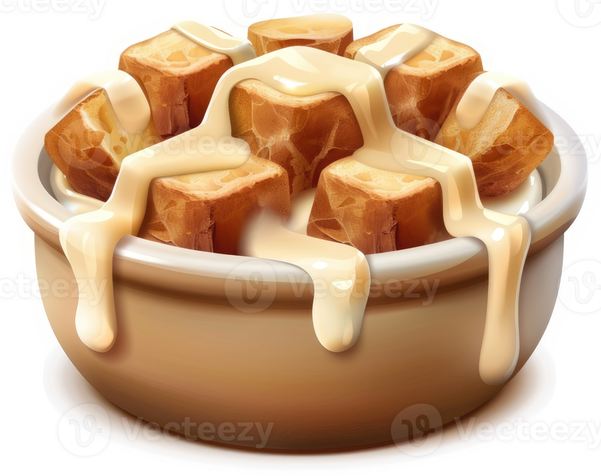 Creamy, golden-brown bread cubes in a ceramic bowl. png