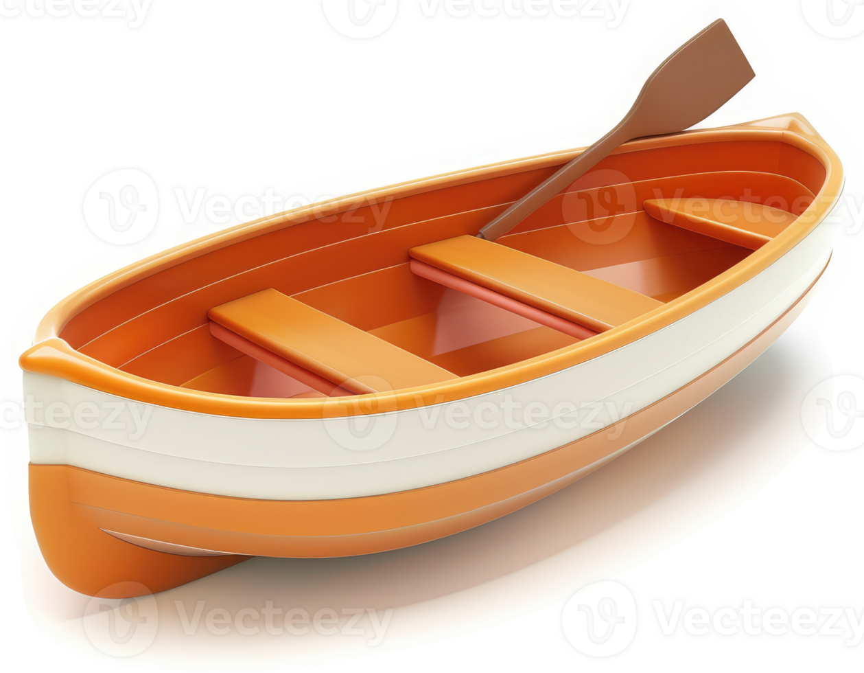 Ornate, orange and white rowboat with a wooden oar. png
