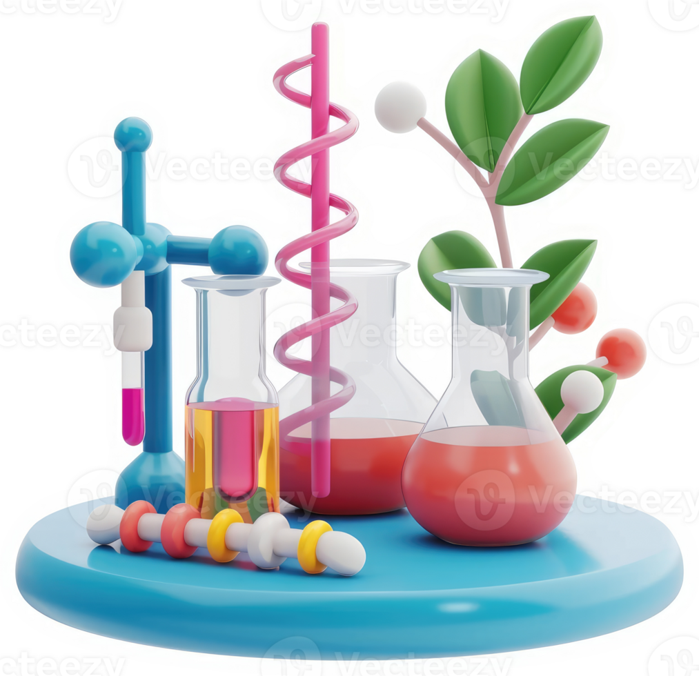 Colorful laboratory equipment and botanical elements arranged on a circular stand. png