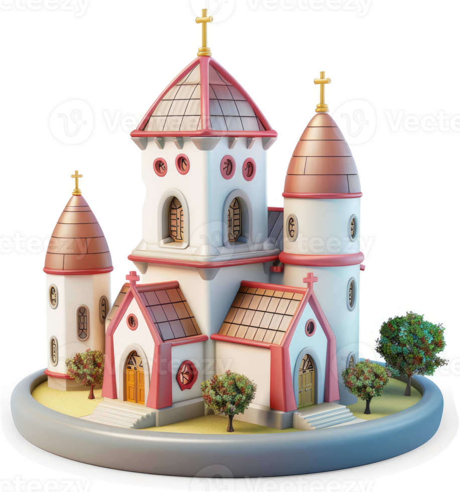 A stylized, three-towered church model, charmingly detailed. png