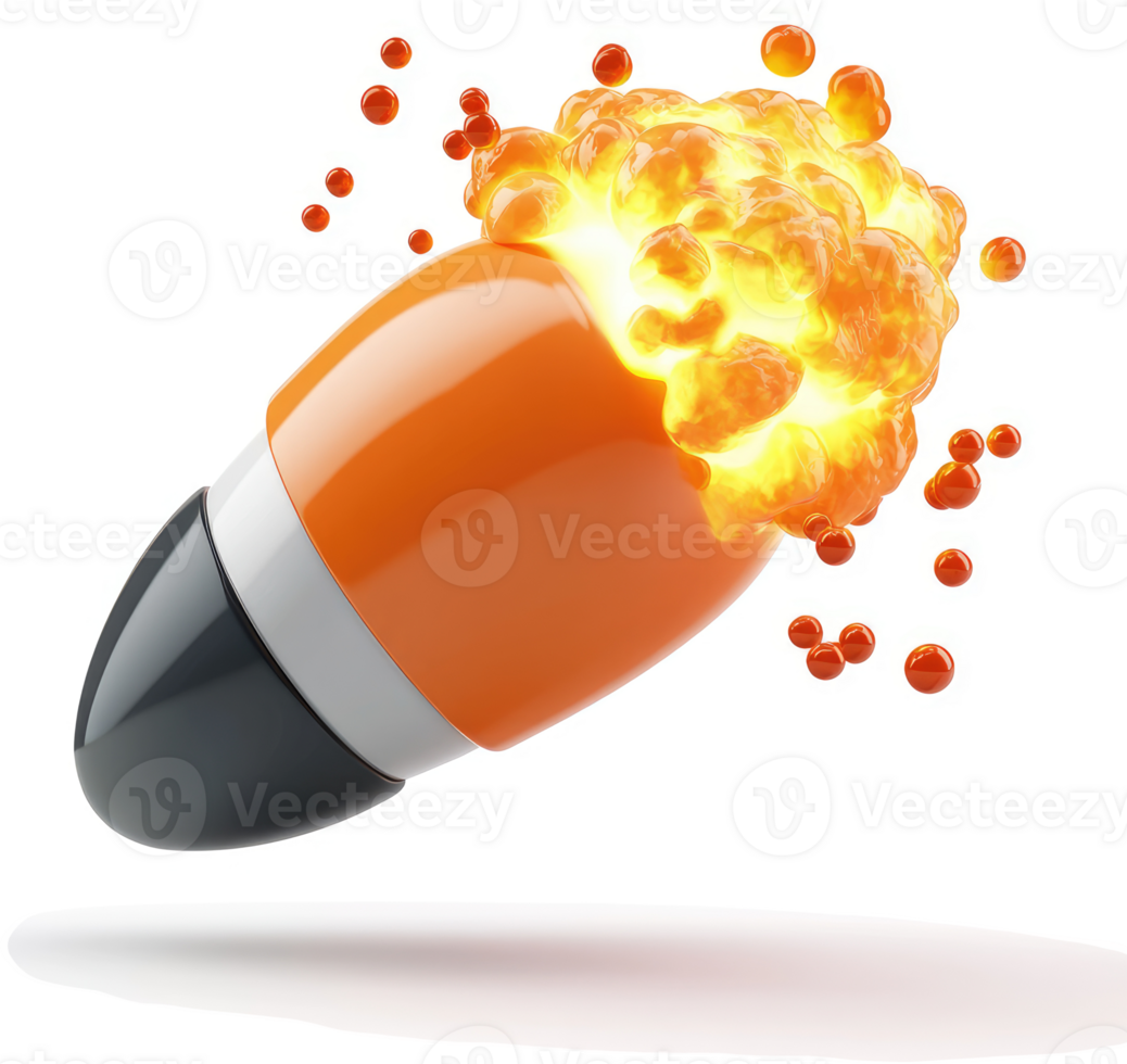 Explosive orange pill bursting with intense energy. png