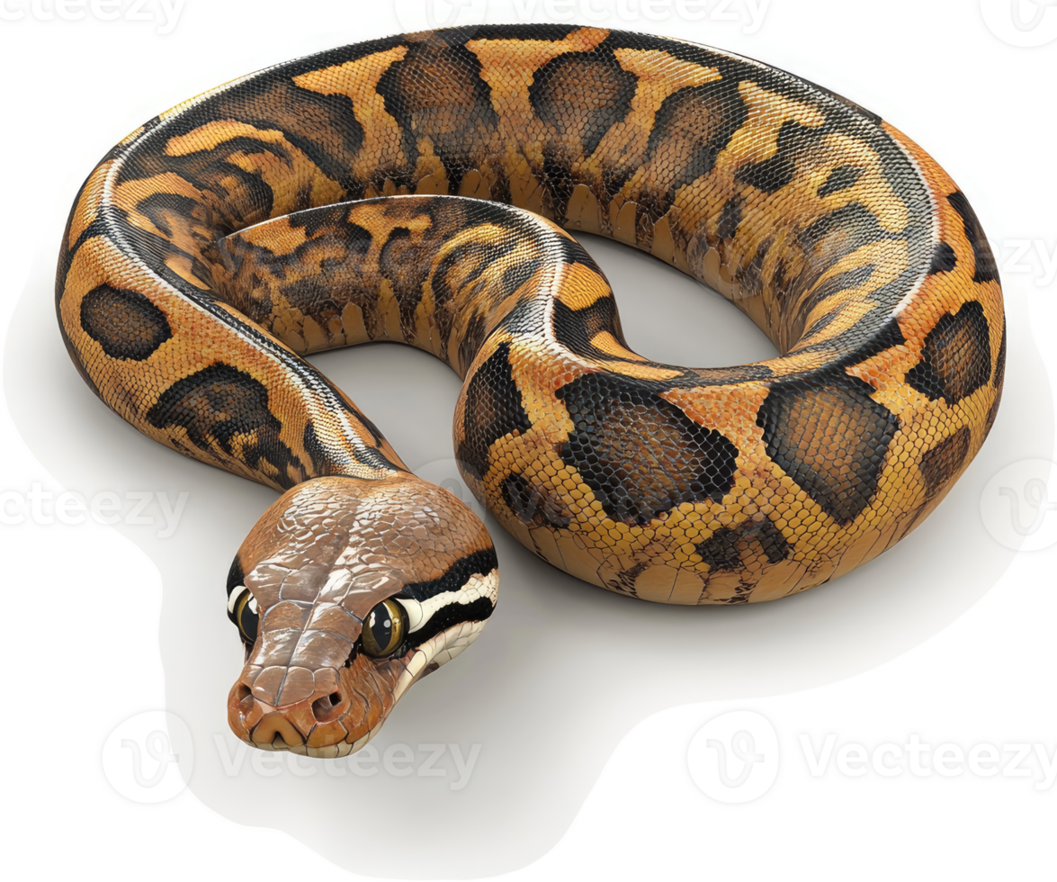 A curled ball python displays intricate patterns and colors. png