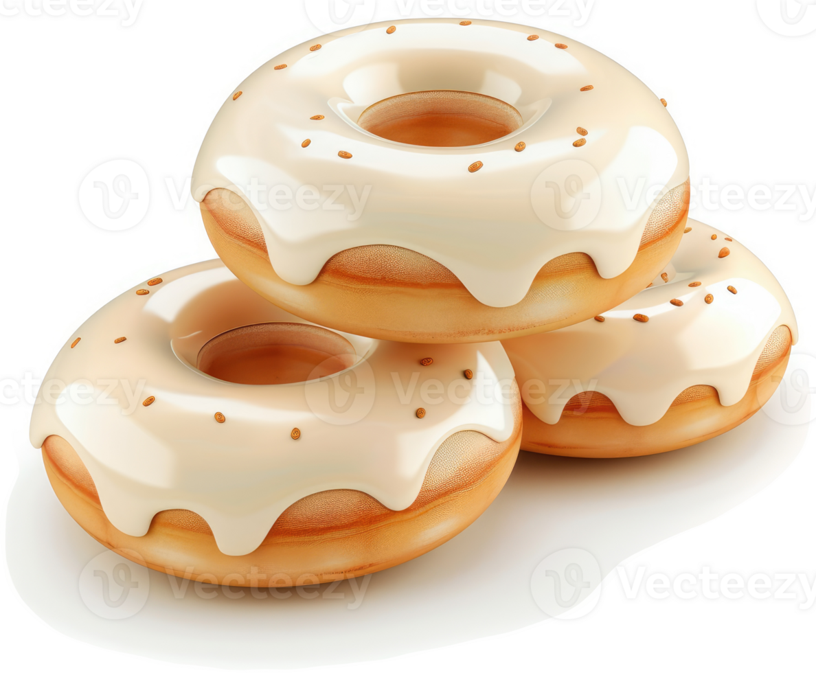 Three glazed donuts stacked high, glistening with white icing. png