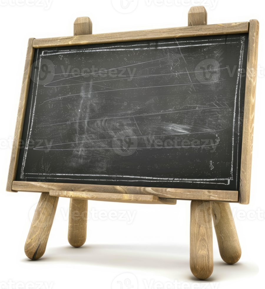 Rustic wooden easel displaying a used blackboard. png