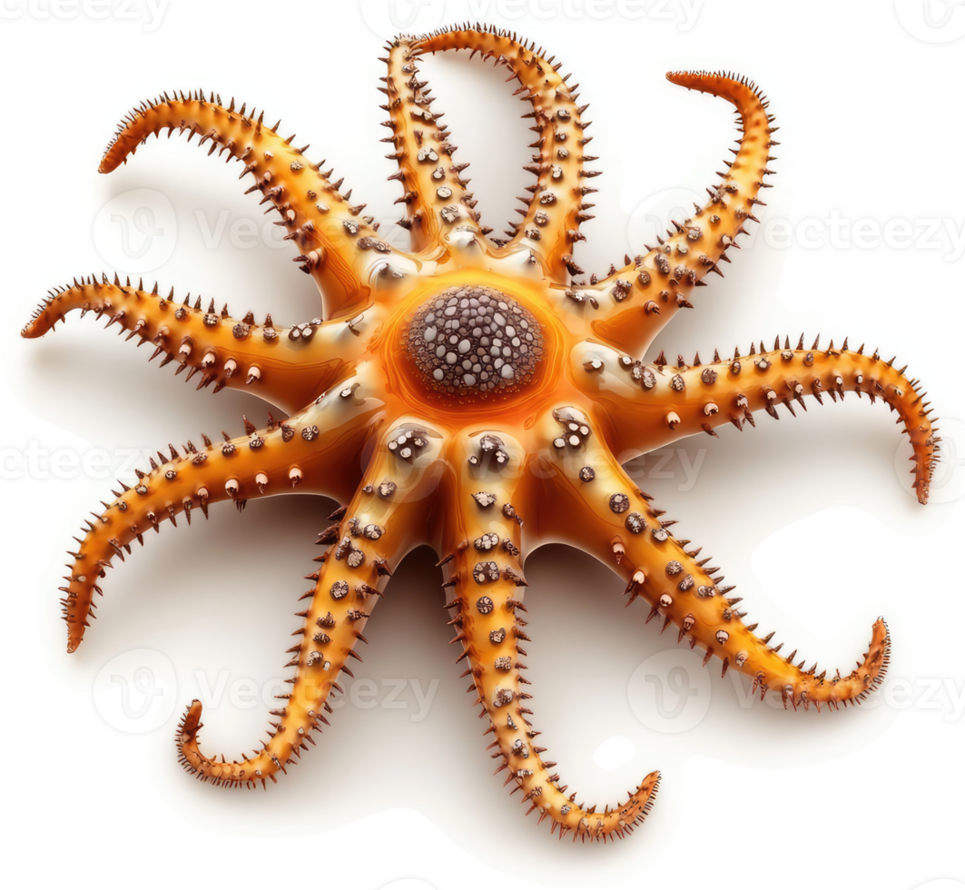 A starfish with spiny arms and an orange center. png