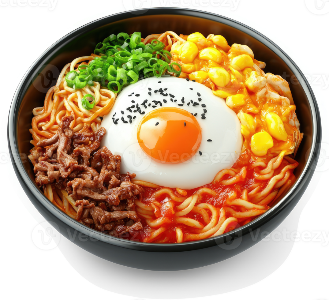 Colorful ramen bowl with beef, egg, and corn. png