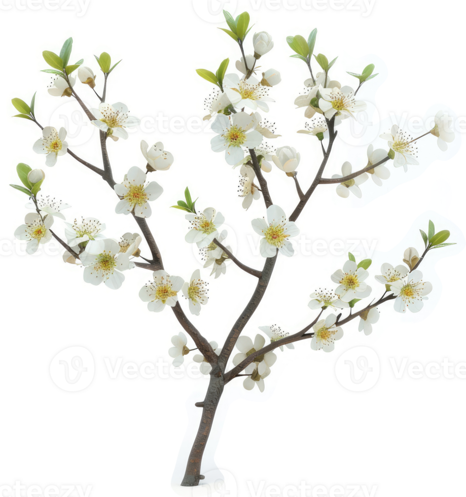 Blooming spring tree branch with delicate white blossoms. png