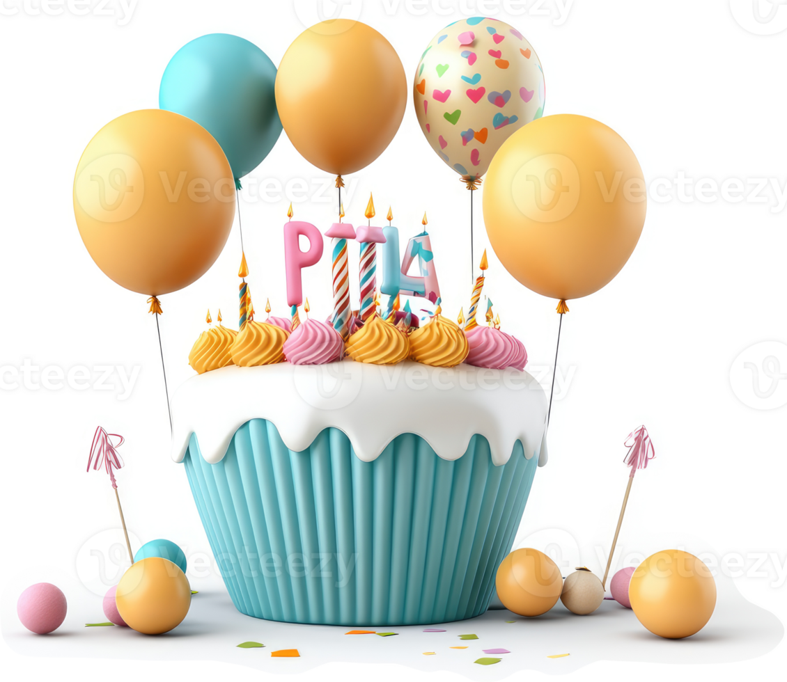 Colorful birthday cupcake with balloons and candles. png